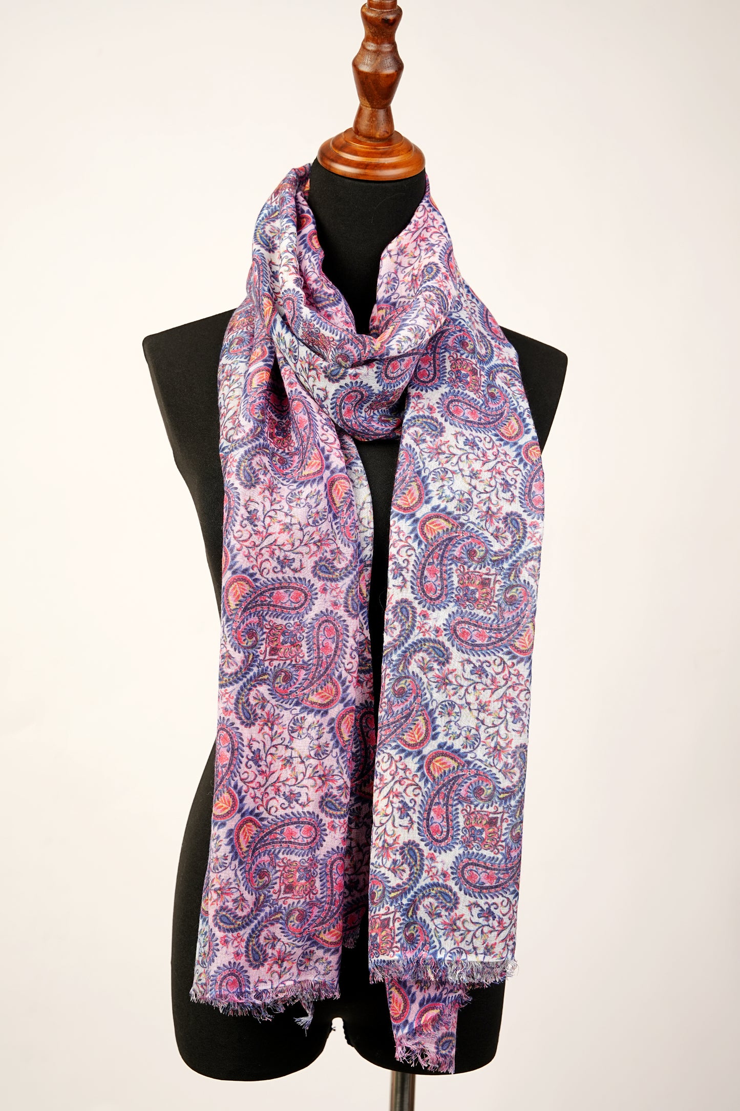 Paisley Floral Print Blue Purple Cashmere Wool and Silk Stole Scarf Wrap