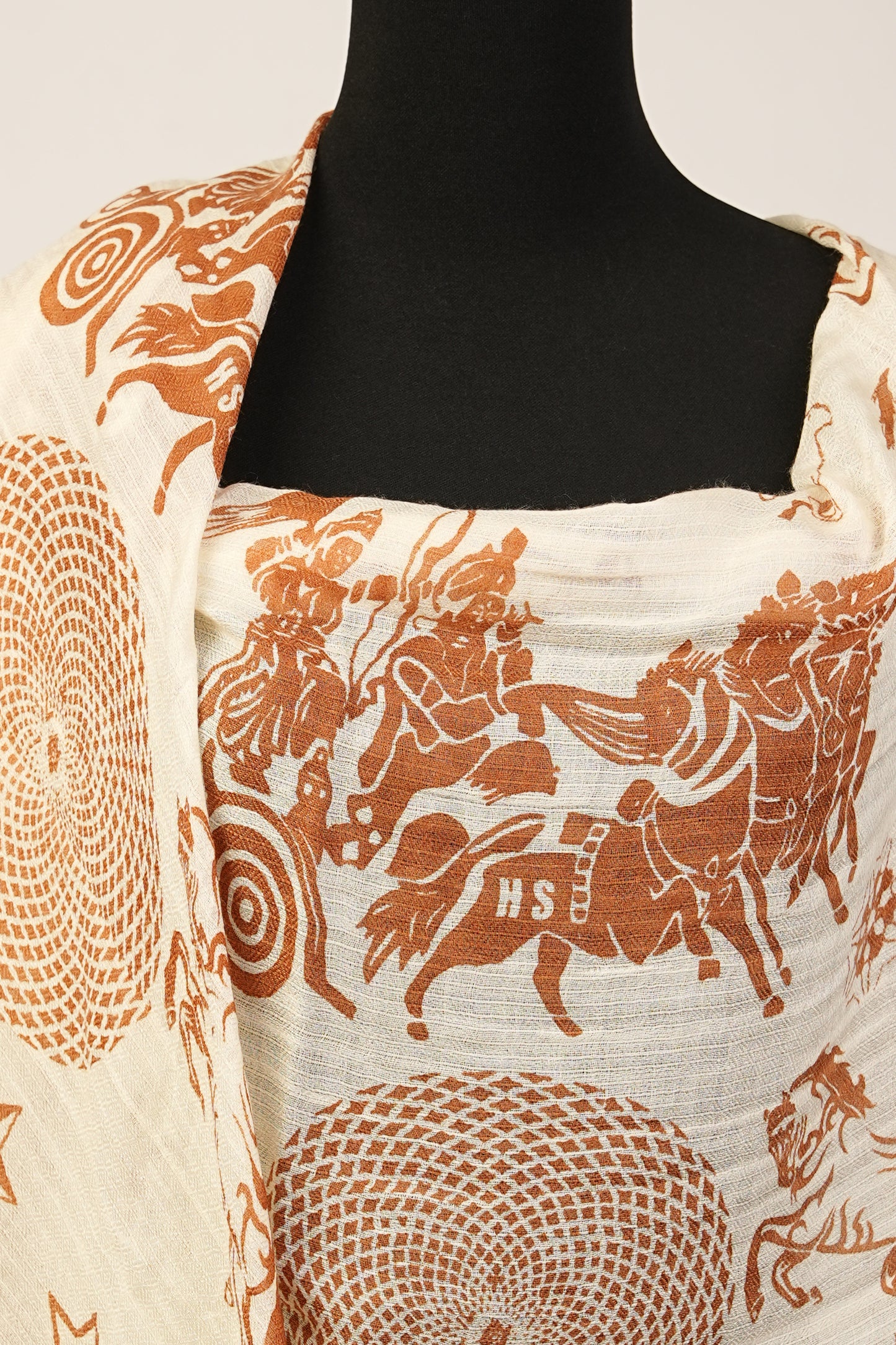 Mahabharat print Pashmina Shawl  features Arjuna and Krishna riding a chariot