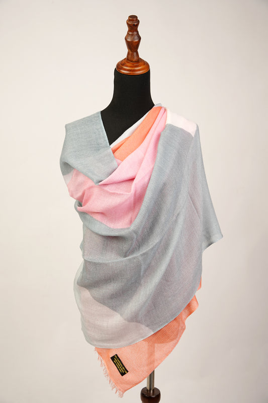 Classic Four-Tone Pashmina Silk Blend Shawl in Gray, Peach, Pink, and White