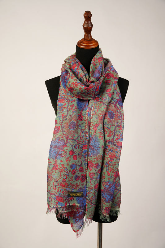 70% Pashmina and 30% Silk Combination multi coloured Shawl with Floral Print