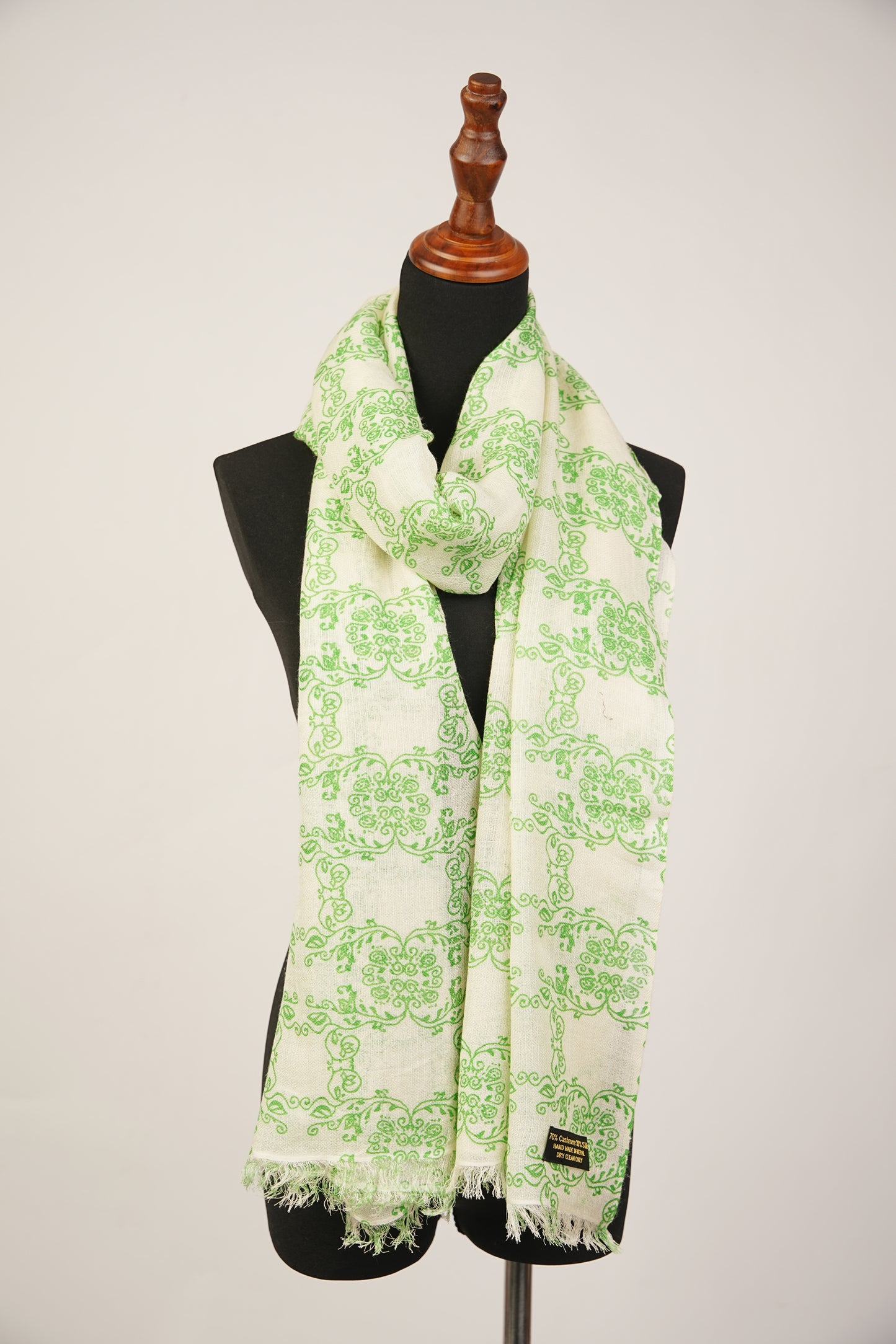 Green Pashmina and Silk Blend Shawl with a printed floral theme