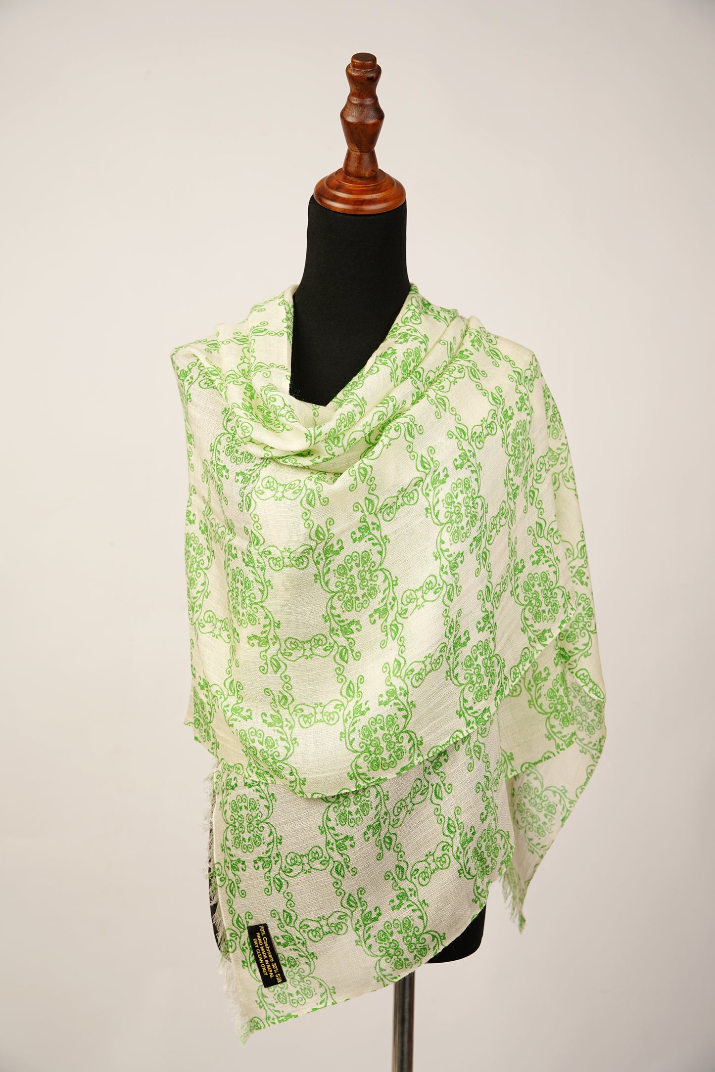 Green Pashmina and Silk Blend Shawl with a printed floral theme