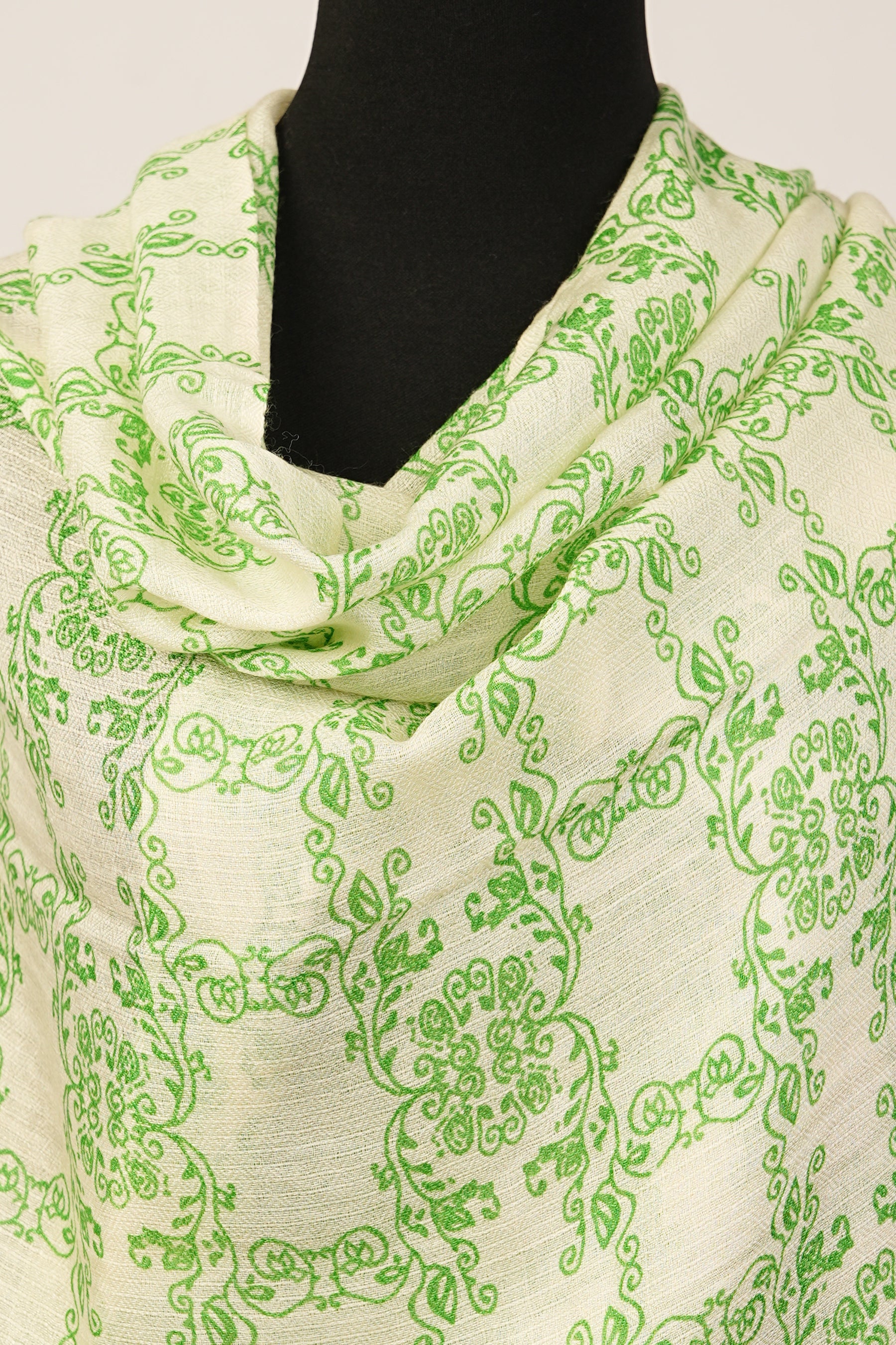 Green Pashmina and Silk Blend Shawl with a printed floral theme