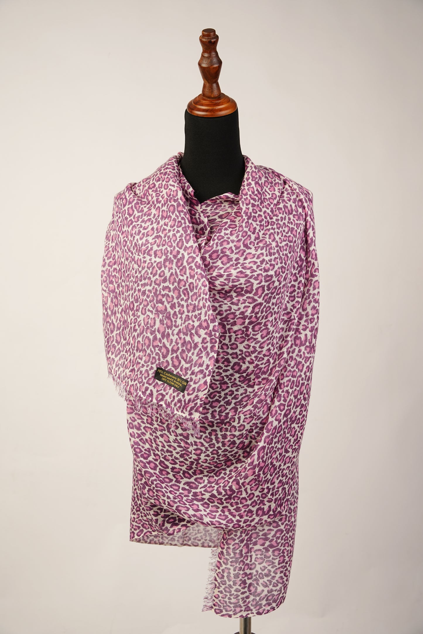 Pink Pashmina with Leopard Print and Silk Blend Shawl