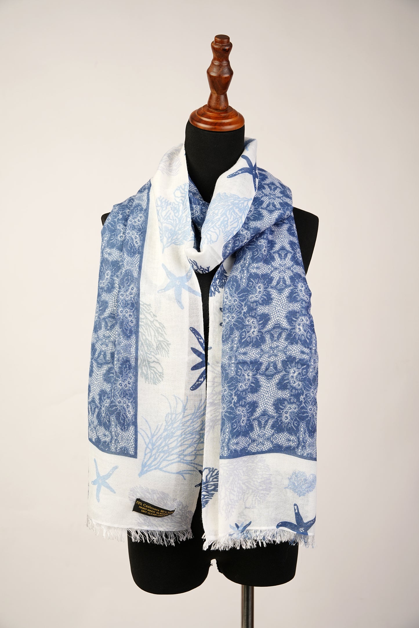 Silk Shawl with Deep Blue and White Ocean Print Pashmina