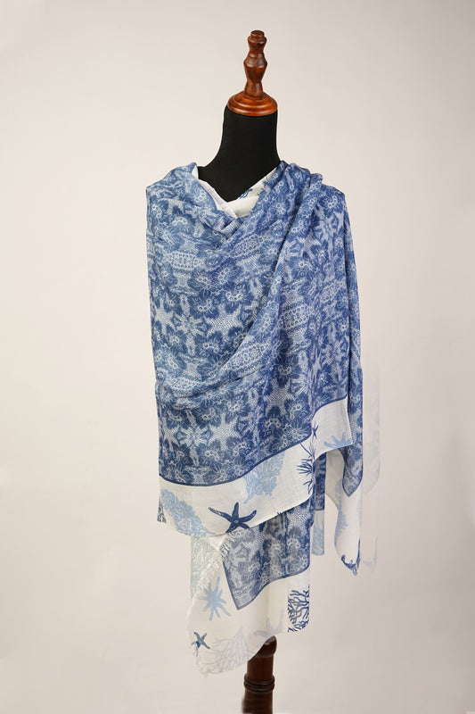 Silk Shawl with Deep Blue and White Ocean Print Pashmina