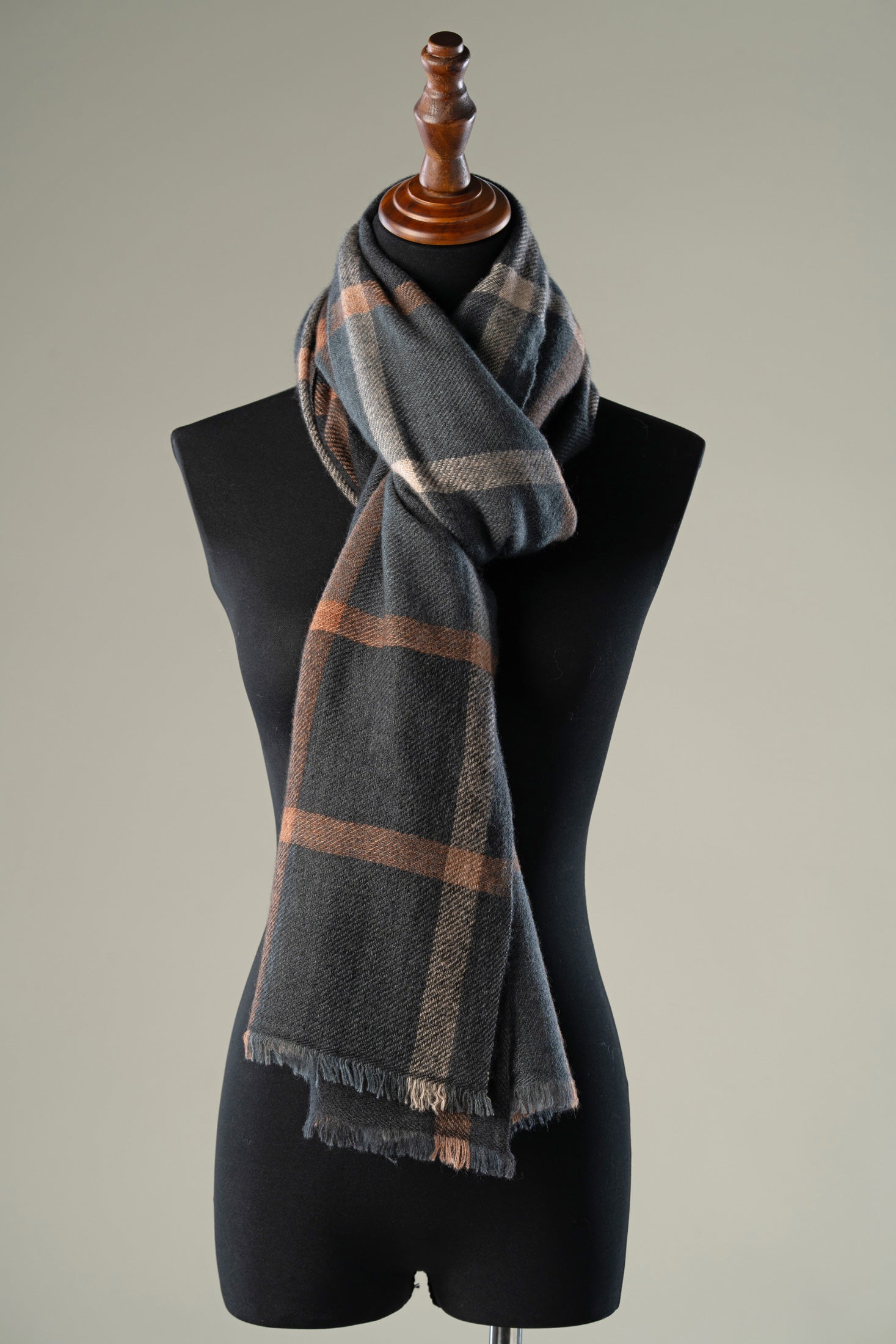 Plaid Pashmina Shawl | Charcoal Gray with Tan & Cream Check Scarf