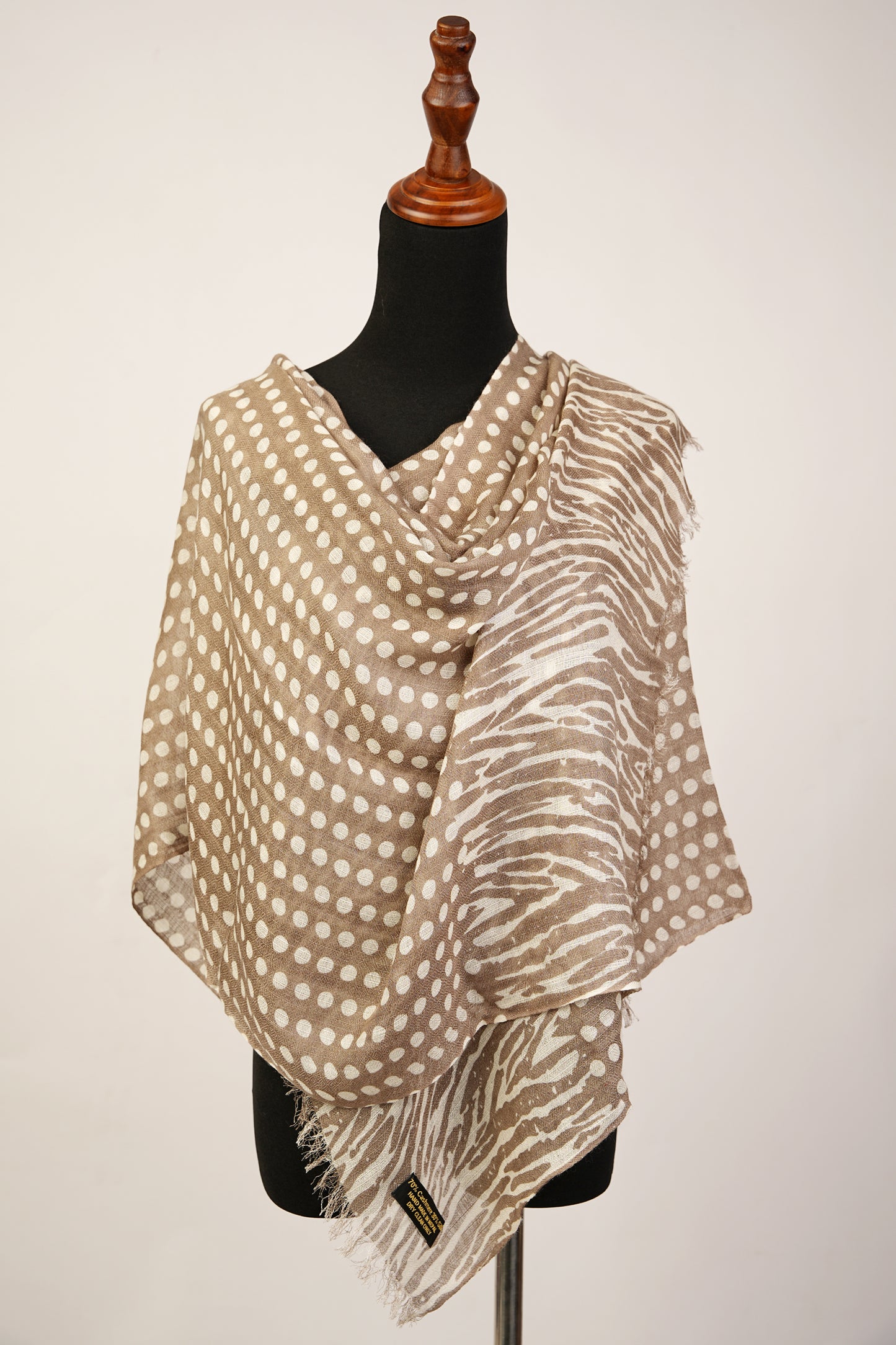 Perfect for Autumn, this Tan Colored Polka Dot Cashmere Shawl Blend with Silk