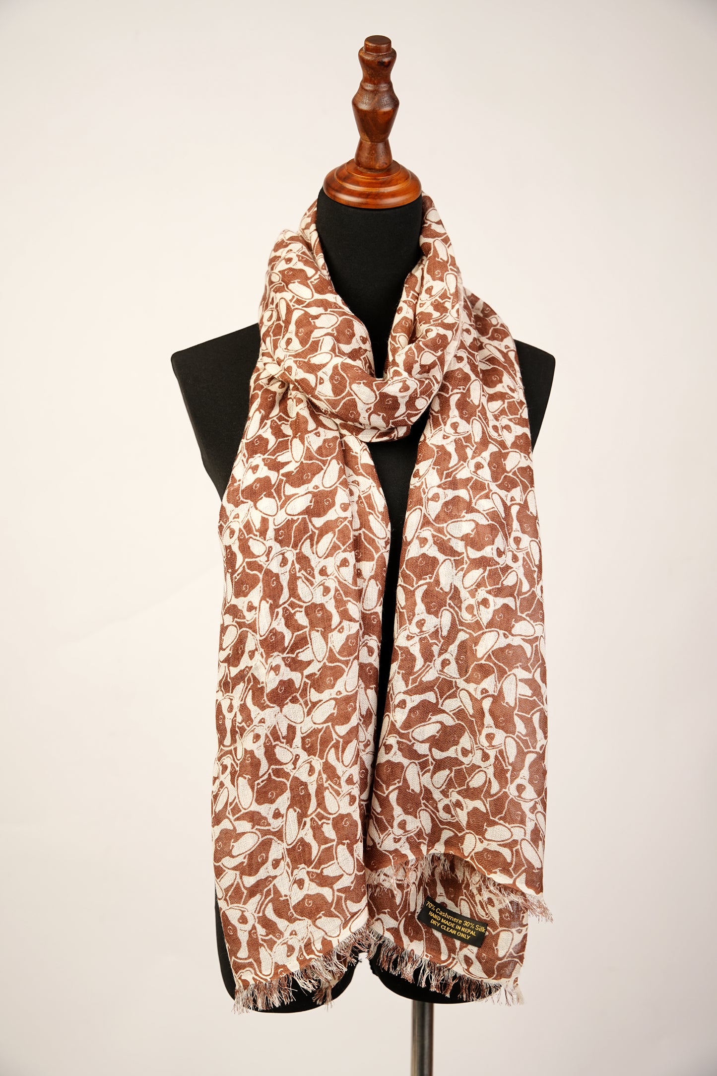 An adorable light brown  puppy print cashmere shawl, wrap, or scarf for dog lovers