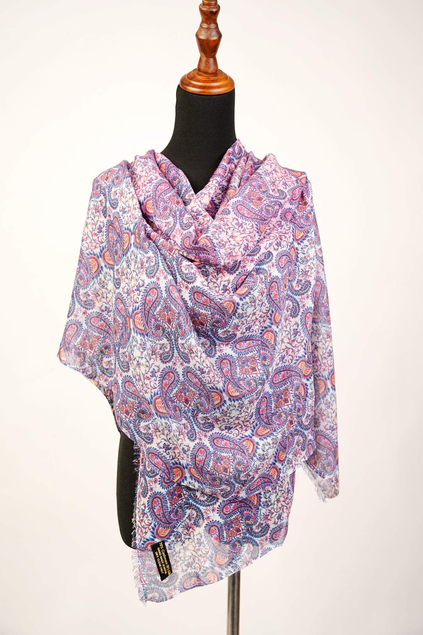 Paisley Floral Print Blue Purple Cashmere Wool and Silk Stole Scarf Wrap