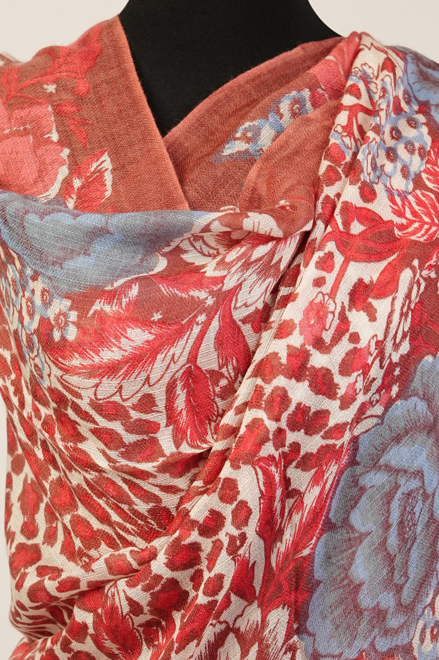 Vibrant Red, Gray, and Orange Floral Print cashmere and silk wrap