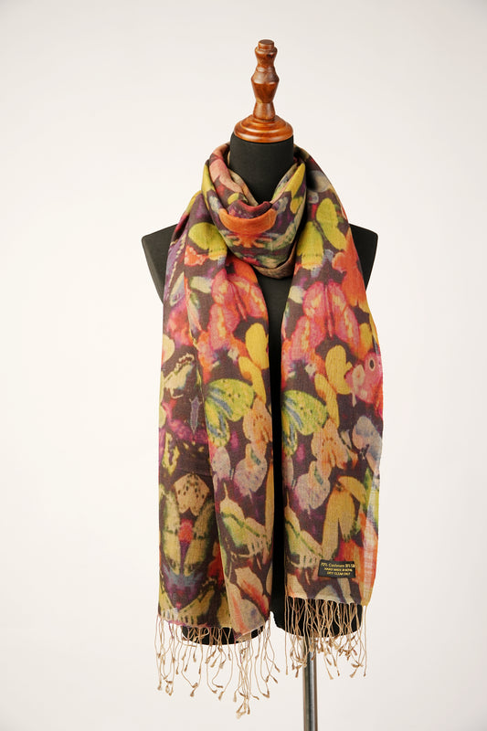 The Pashmina features a Butterfly Print and a Silk Blend Shawl