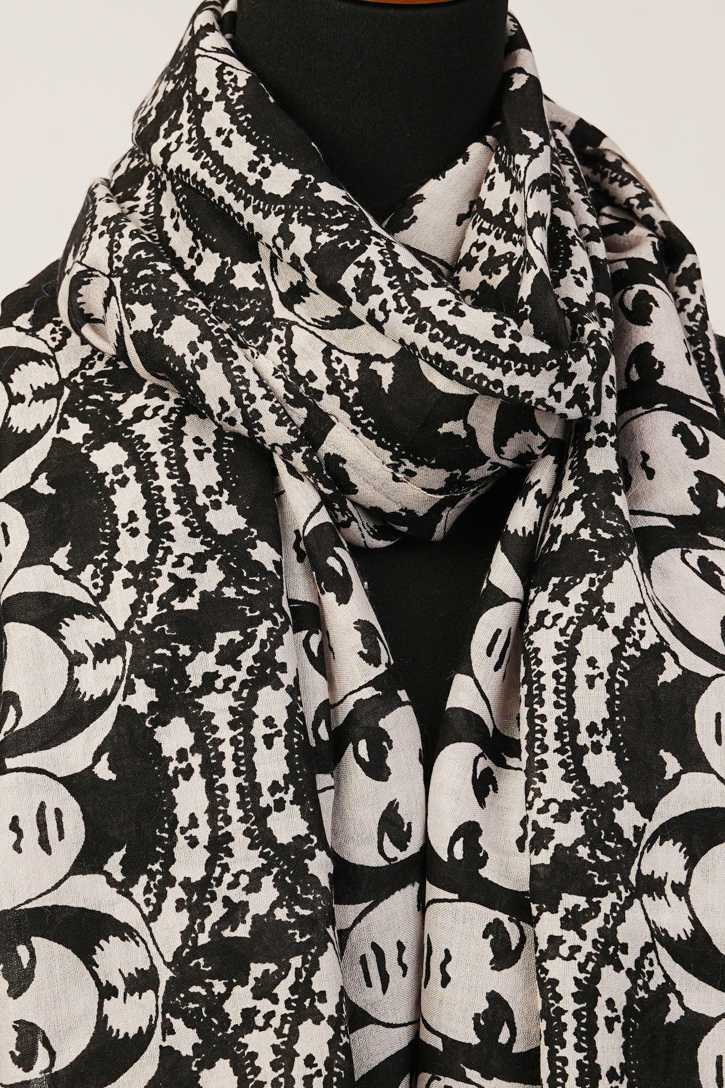 Cashmere and silk blend shawl, wrap, stole, and scarf with a black and white face print