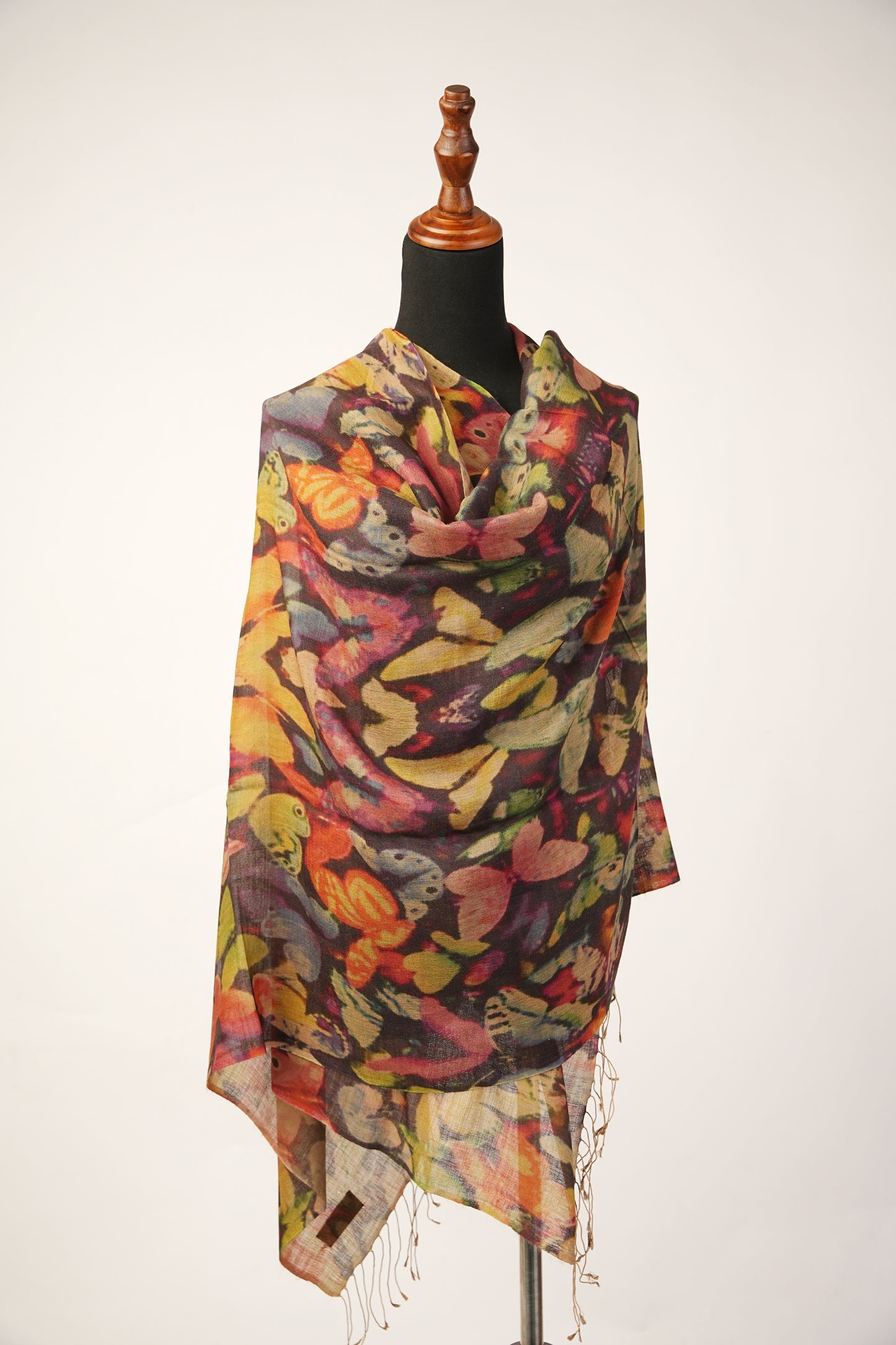 The Pashmina features a Butterfly Print and a Silk Blend Shawl