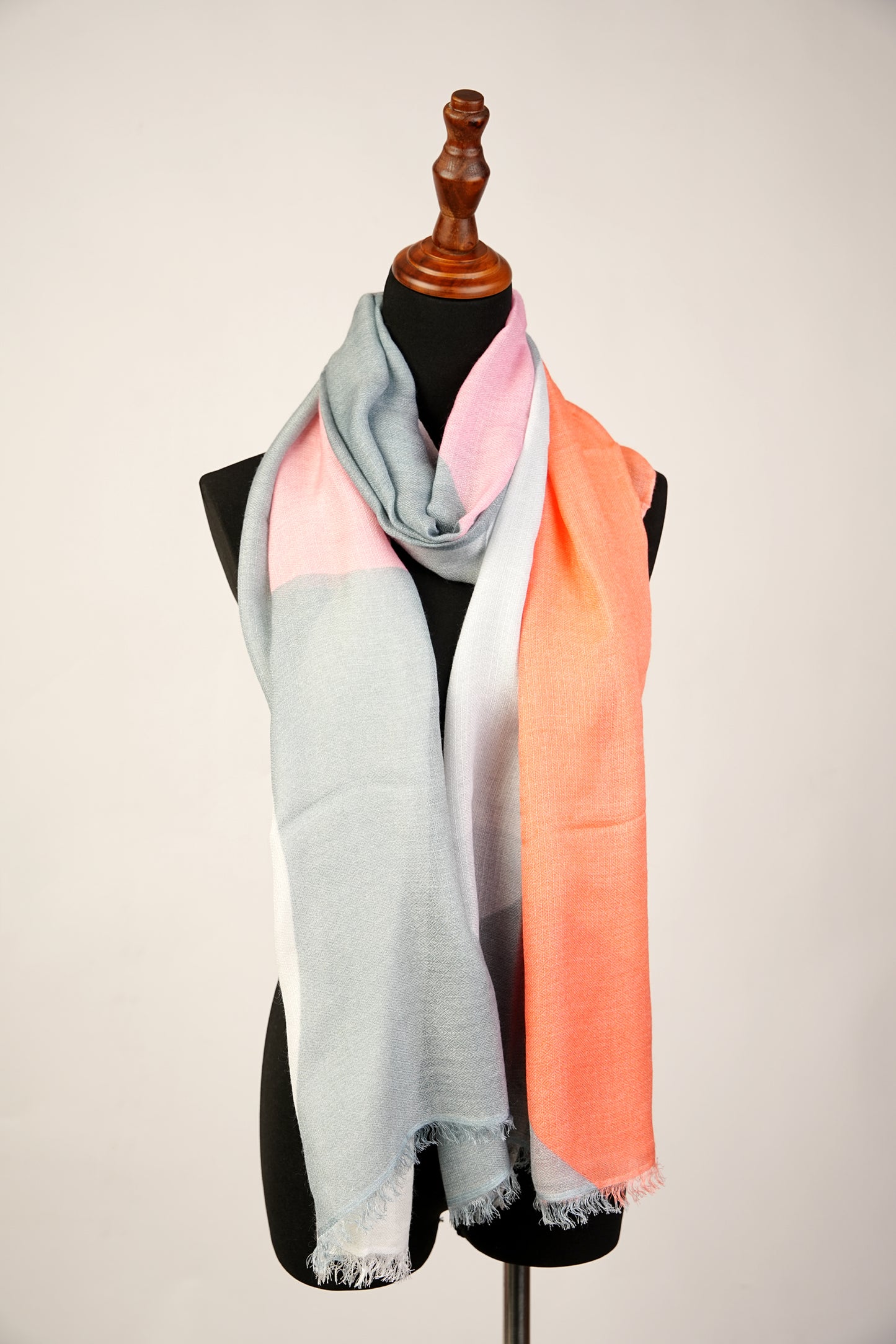 Classic Four-Tone Pashmina Silk Blend Shawl in Gray, Peach, Pink, and White