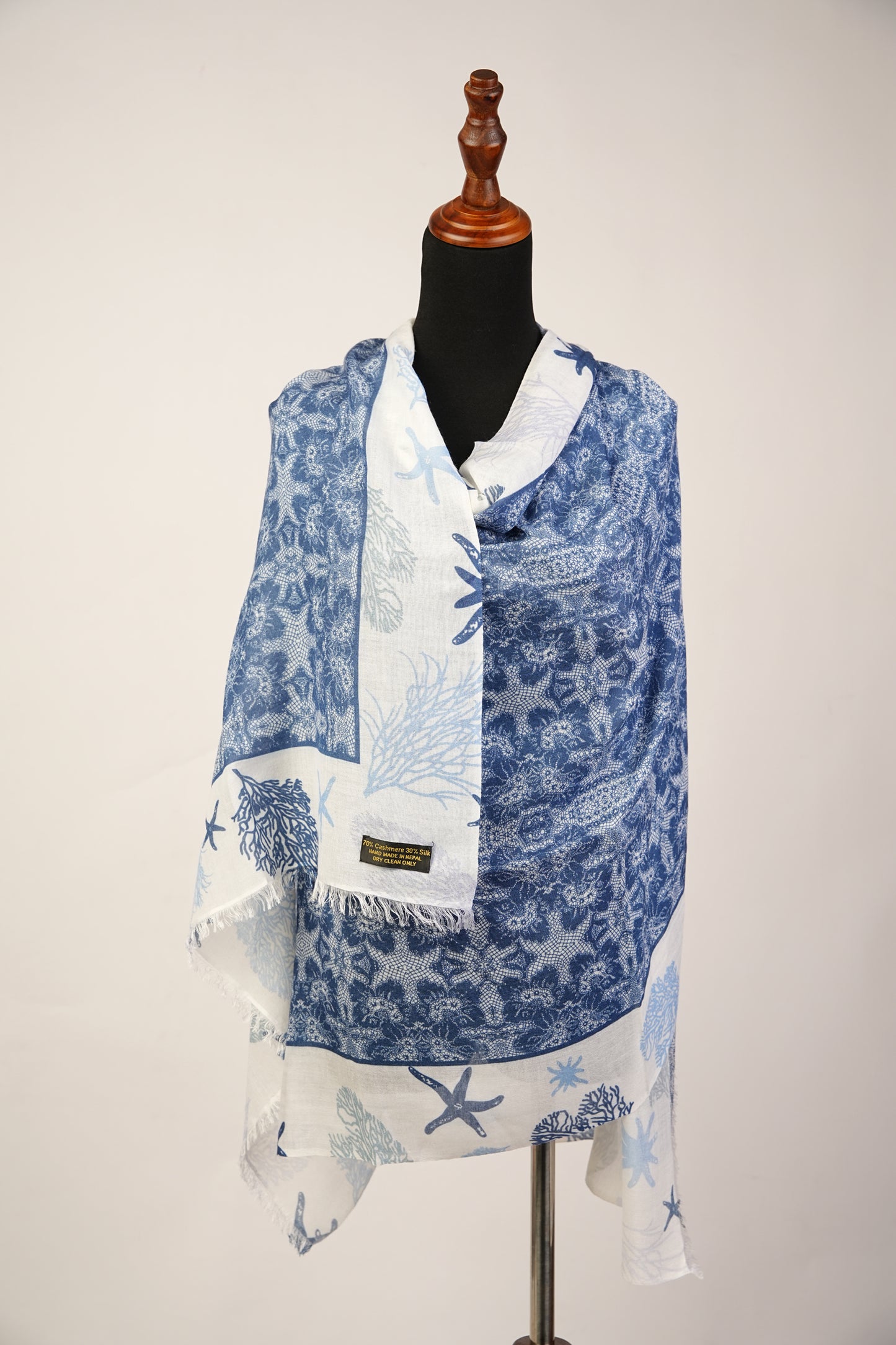 Silk Shawl with Deep Blue and White Ocean Print Pashmina