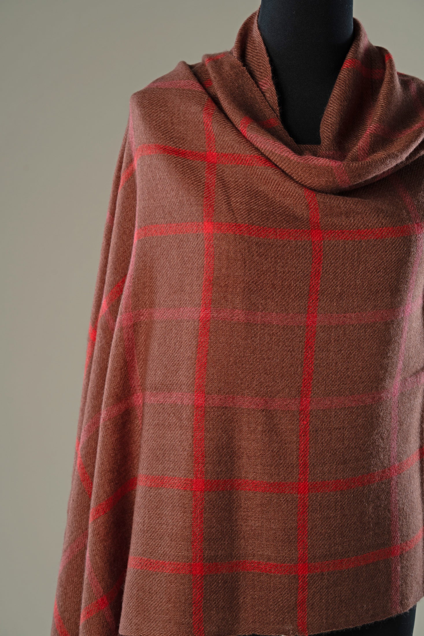Brown Windowpane Check Cashmere Wrap Shawl | Luxury Women's Wrap